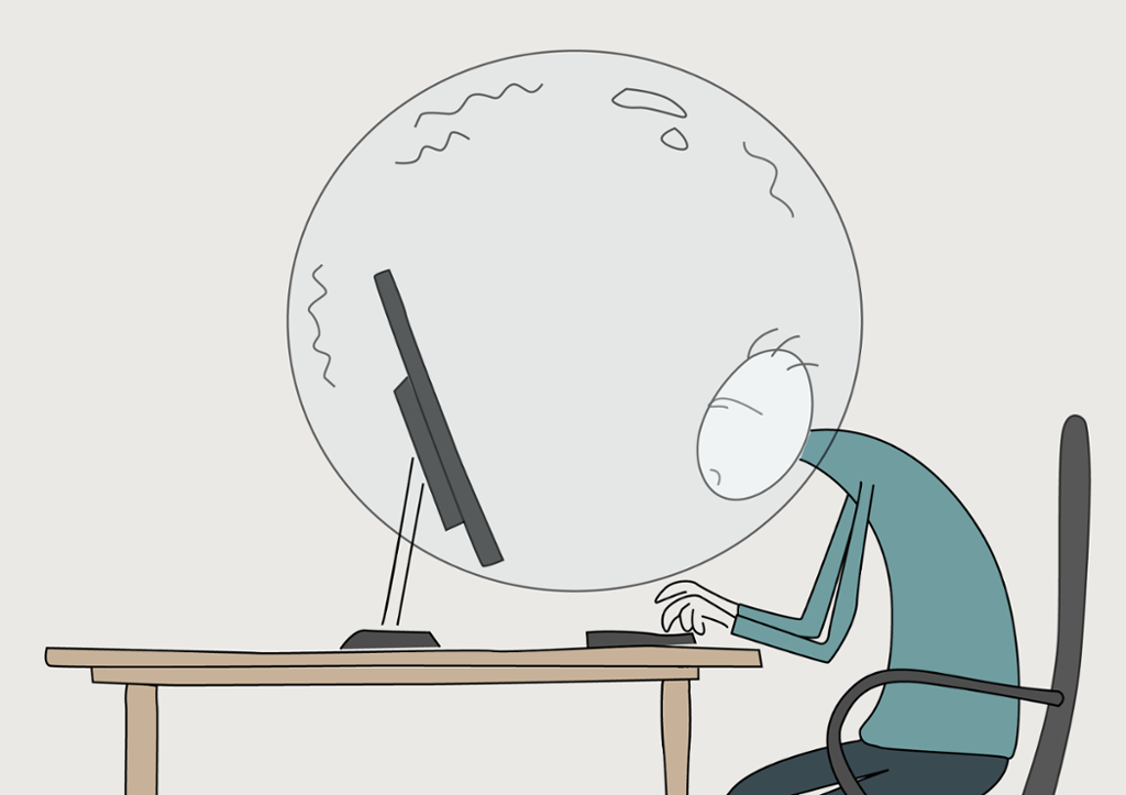 Ei boble omsluttar ein person framfor ein datamaskin. Illustrasjon. 