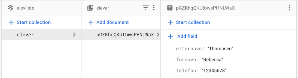 Database i Cloud Firestore. Tre felt: et med overskriften "elevliste", et med overskriften "elever" og et der man får opp navnet og telefonnummeret til eleven Rebecca Thomasen. Skjermbilde.