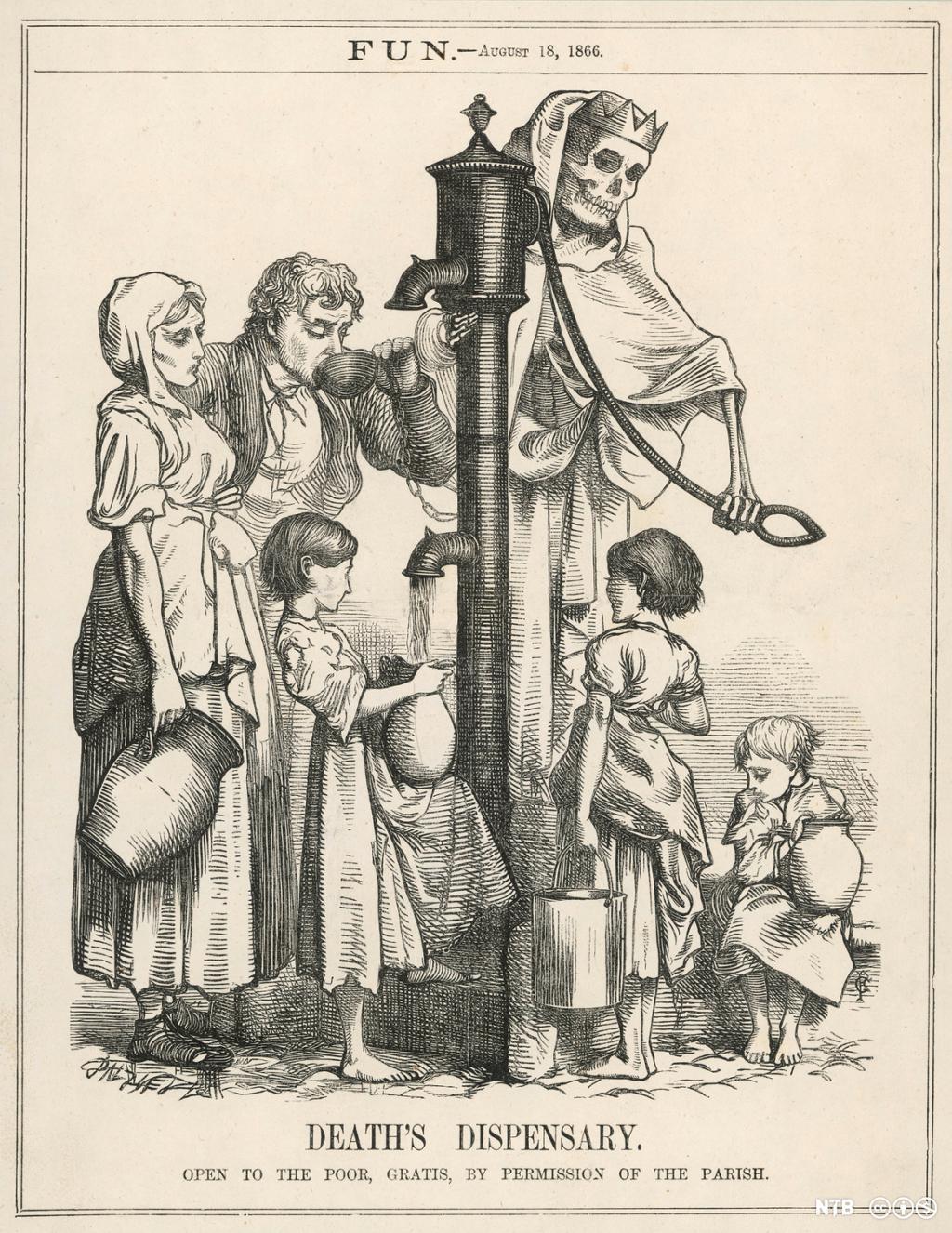 Satire fra 1866 om forurenset vann i London. Døden pumper opp vann fra en vannpost. Illustrasjon.