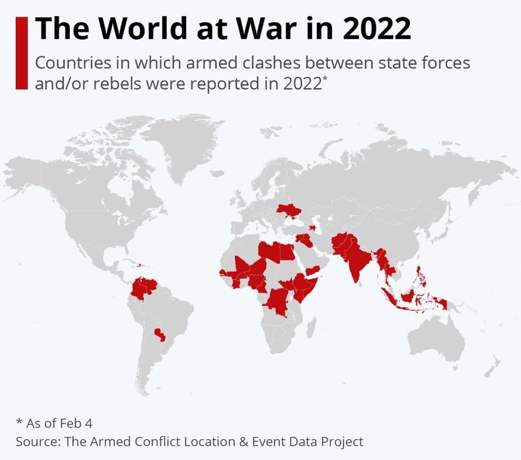 Map showing the countries in the world that are at war. 