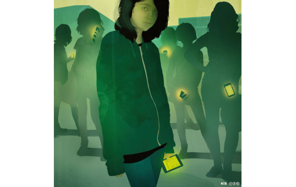 Illustrasjon av en tenåring med mørke klær, langt hår og et nøytralt ansiktsuttrykk som står med en smarttelefon i hånda. I bakgrunnen er det silhuetter av andre tenåringer med smarttelefon. Alle telefonene lyser i en gul farge.