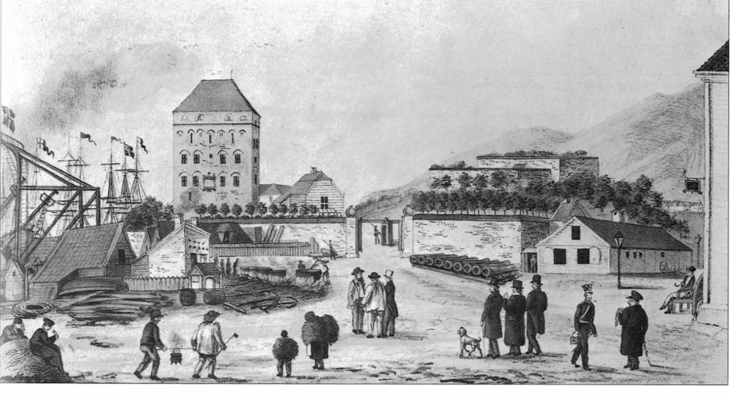 Ulike samfunnsgrupper på Bradbenken ved Bergenshus festning, ca 1800. Prospekt.