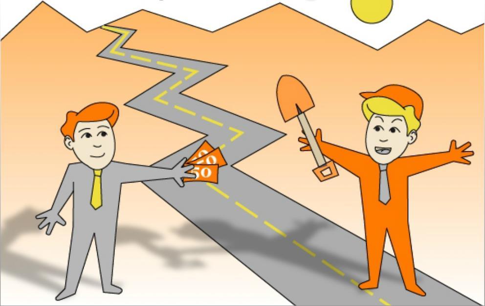 En grå mann rekker en bunke sedler til en oransje mann som står med spade i hånda midt på en motorvei som går gjennom et fjellandskap. Tegning.