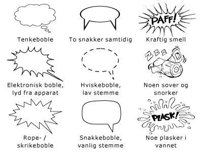 Eksempler på at bobler kan brukes for å markere hvem som snakker og lyder som lages. Illustrasjon.