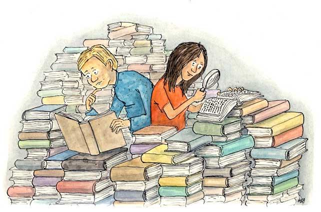 Children reading amongst a pile of books.illustration.