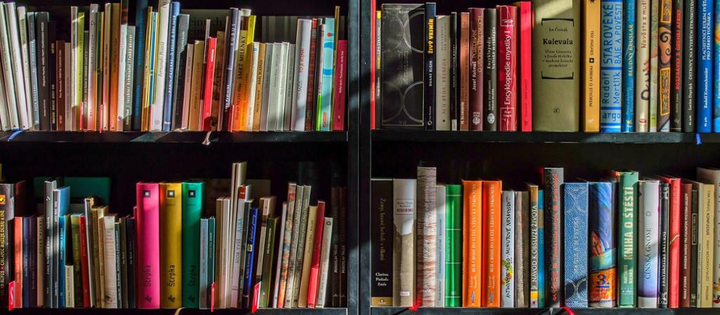 A photo of a book shelf, a wall of books. 
