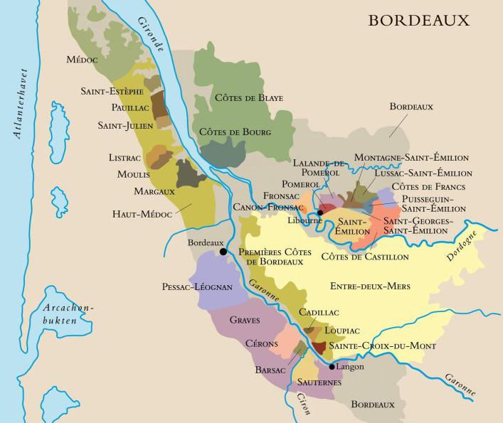 Kart over vinområdet Bordeaux i Frankrike. Illustrasjon.