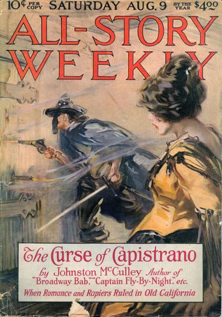 Forside på tegneserieroman som viser superhelten Zorro med kårde og pistol. Ei vakker kvinne i forgrunnen. Illustrasjon.