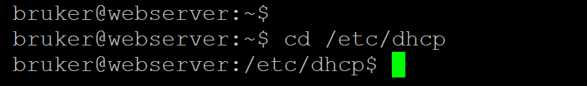 terminalfelt med kommandoen "cd /etc/dhcp" Skjermbilde