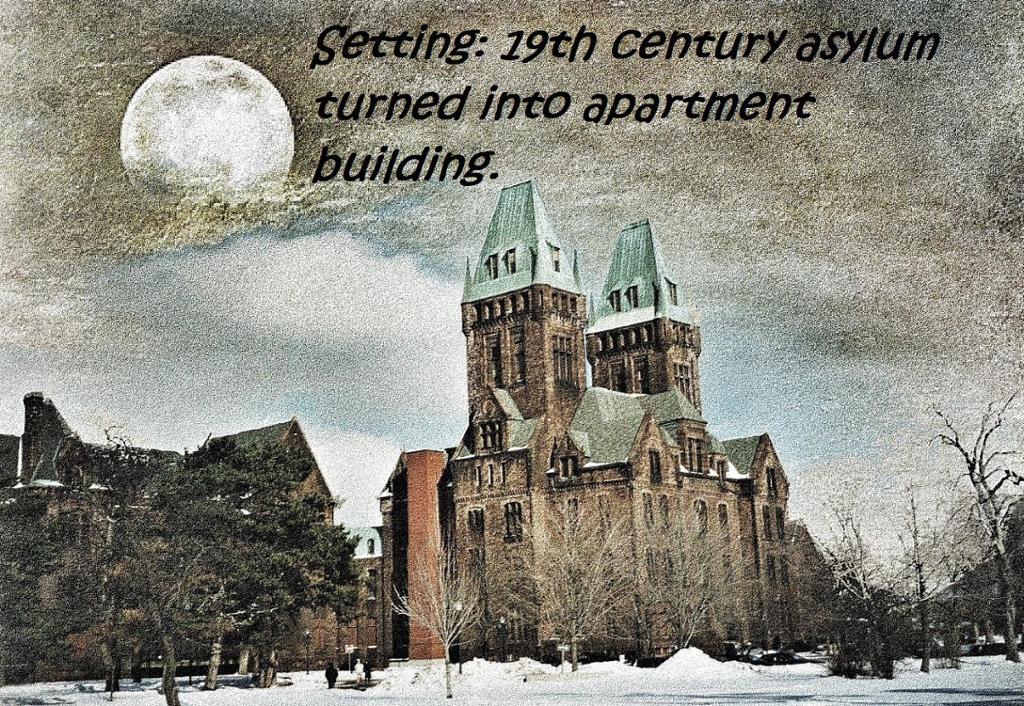 Photo of a large stone building with two towers. A large moon penetrates a grey sky. The building is a former asylum in Buffalo, New Jersey. There is writing in a corner of the photo: "Setting, 19th century asylum turned into apartment building". 