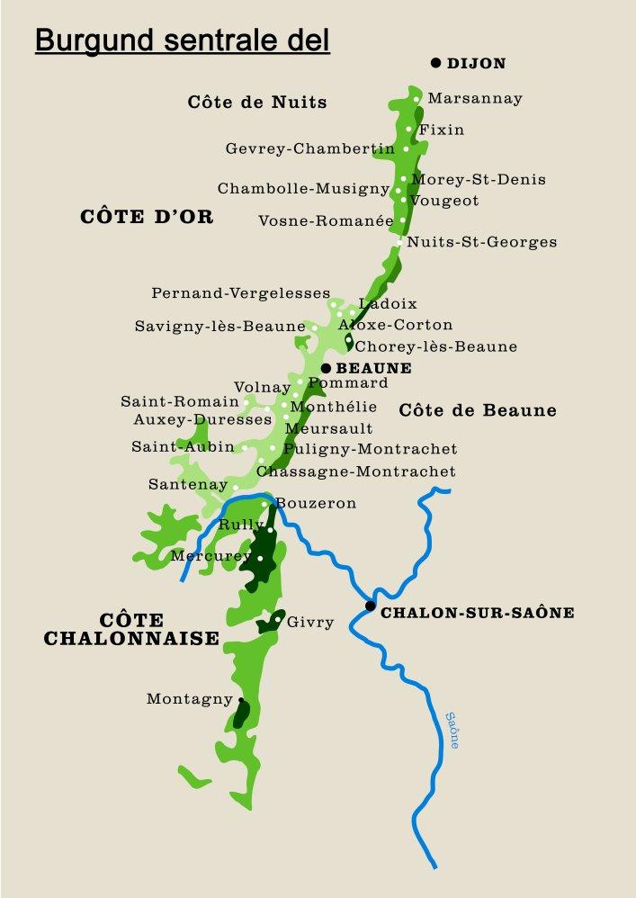 Kart over vinområdet Burgund i Frankrike. Foto.