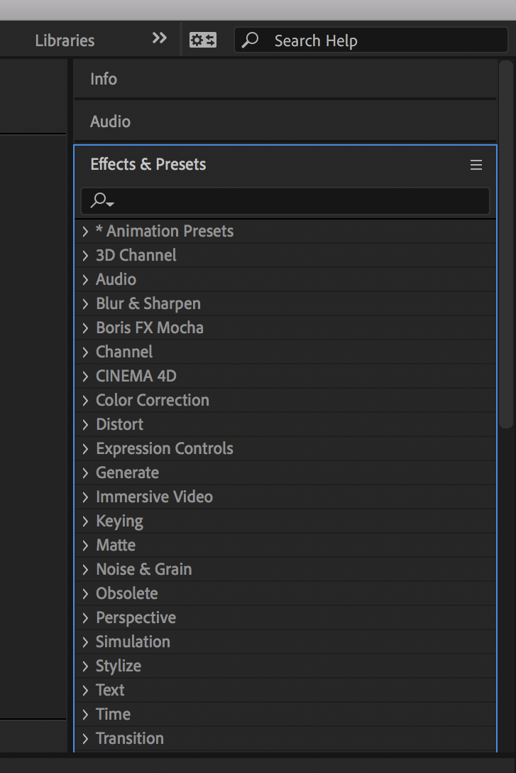 Arbeidsvindu i After Effects med menyen under "Effects and presets". "Animation Presets" står helt øverst. Skjermutklipp.