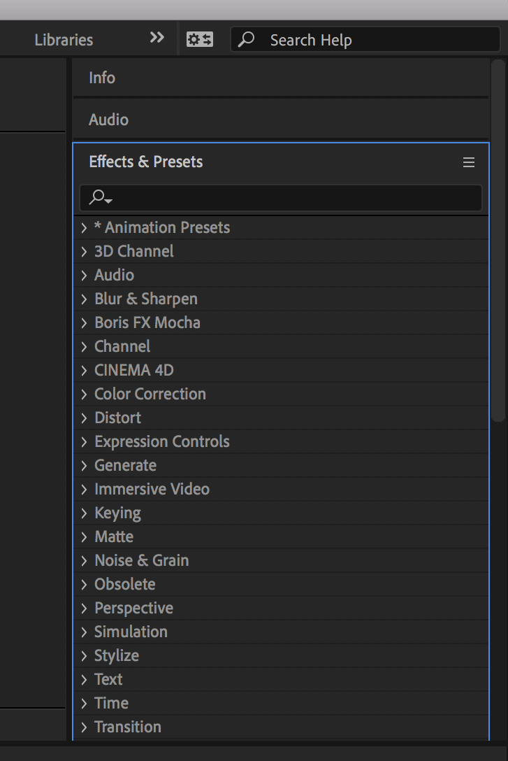 Arbeidsvindauge i After Effects med menyen under "Effects and presets". "Animation Presets" står heilt øvst. Skjermutklipp.