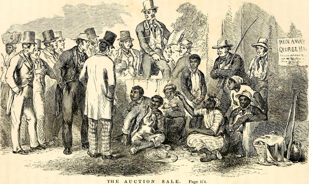 Illustration showing a slave auction. A group of white men wearing top hats and cowboy hats surround a group of Black people. One man stands on an elevated platform. He is the auctioneer. 