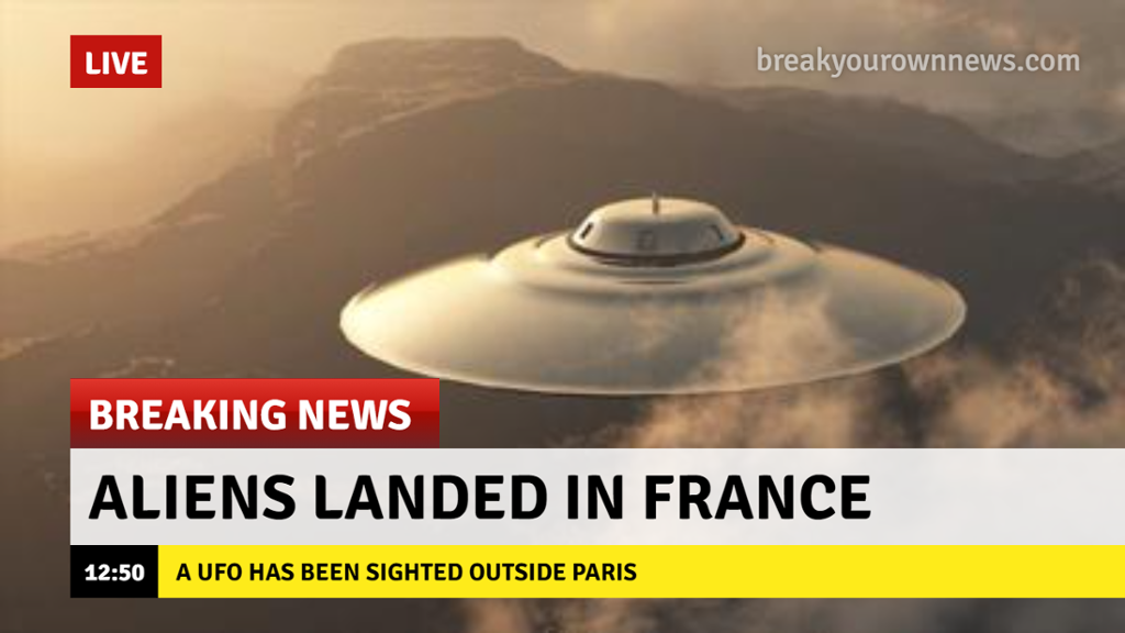Eksempel på en falsk nyhet som påstår at en UFO har landet i Frankrike: Den påståtte UFO-en svever over et landskap. Teksten som er skrevet på bildet, sier: "Breaking News: Aliens landed in France". Illustrasjon.