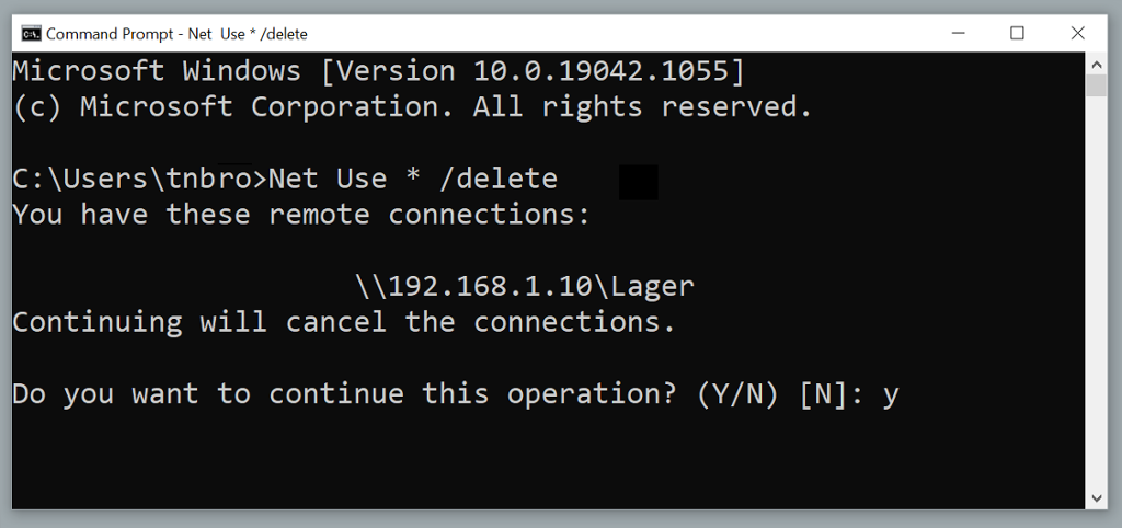 Utklipp fra ledetekst, viser at kommandoen "Net Use * /delete" blir brukt. Skjermbilde.