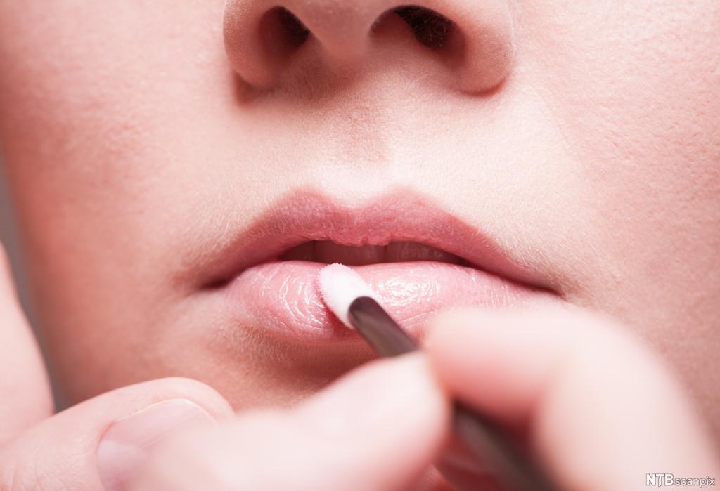 Leppestift blir lagt på med ein pensel. Foto.