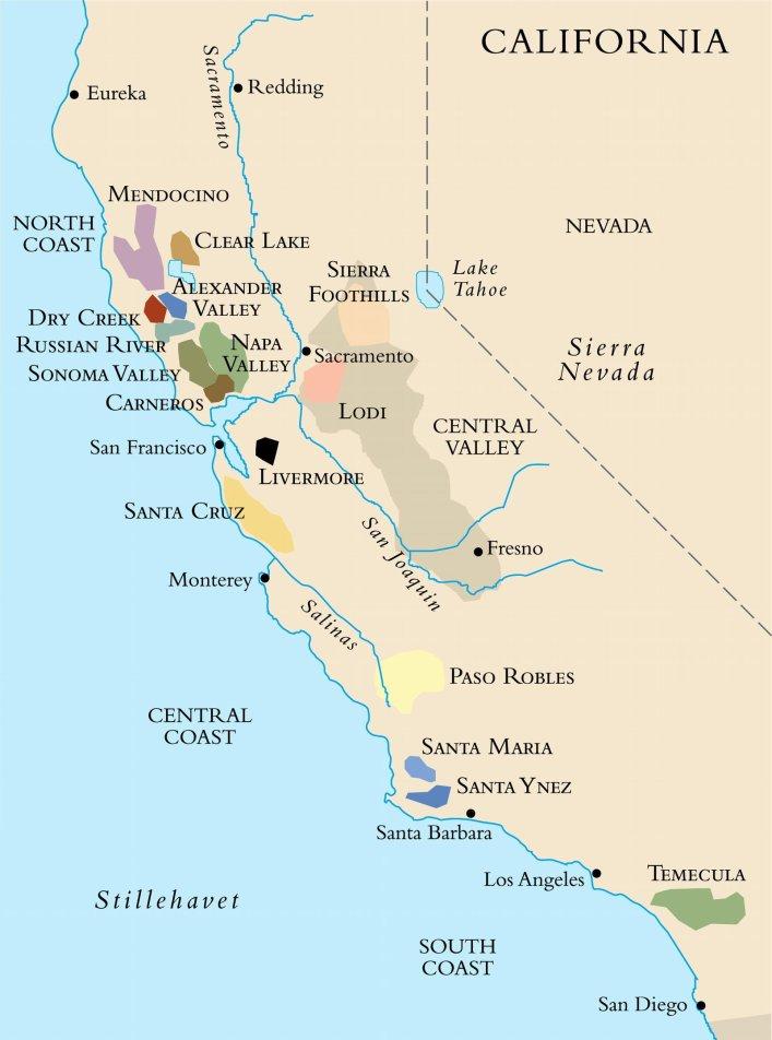 Kart over vinområder i California. Illustrasjon.