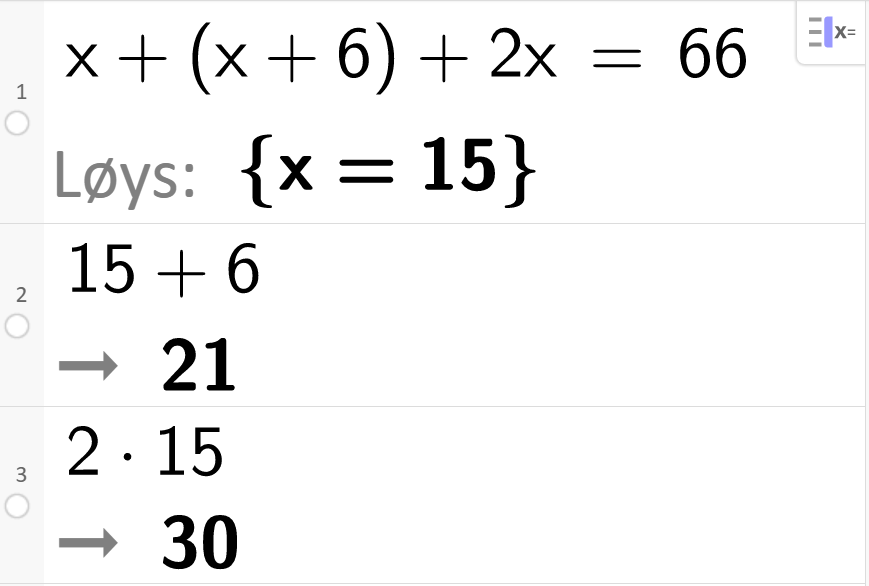 Eksakt løysing med CAS av likninga x pluss parentes x pluss 6 parentes slutt pluss 2 x er lik 66. CAS-utklipp.