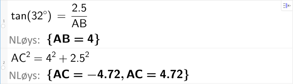 tangens til 32 grader er lik 2 komma 5 dividert på AB