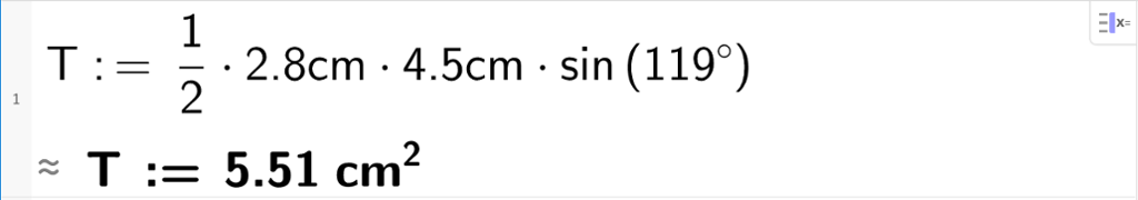 T kolon er lik en halv multiplisert med 4 komma 5 centimeter multiplisert med 2 komma 8 centimeter multiplisert med sinus til 119 grader gir T er lik 5 komma 51 centimeter i andre. CAS-bilde.