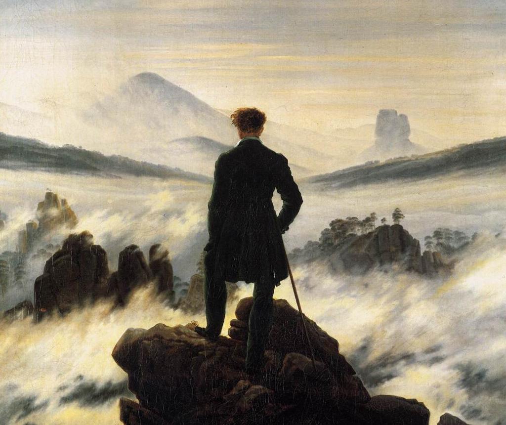 Painting: We see a man standing on a cliff, looking out over a landscape that is partly shrouded in fog. He wears a suit and has a walking stick. 