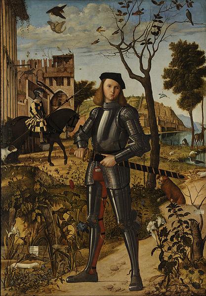 Painting: A young man with long hair is dressed in armour. Behind him we see another man on horseback. We see a castle to the left, and the sea in the background. 