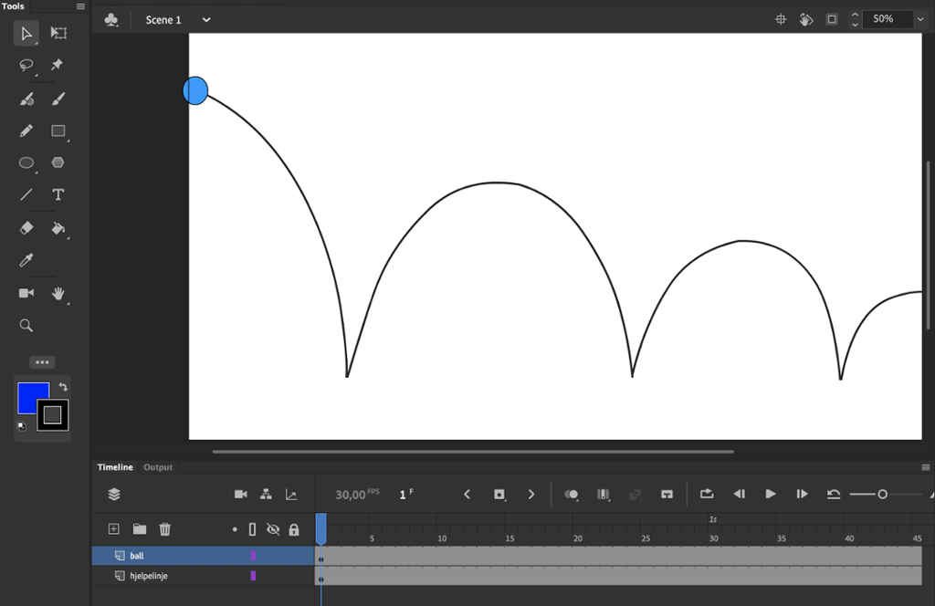 Arbeidsvindu i Animate med ei svart linje som går i buer. Oppe til venstre på linja er det en blå ball. Skjermbilde. 