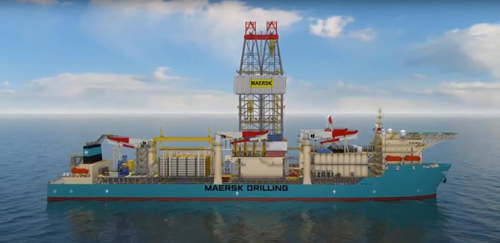 Et boreskip som er merket med Maersk Drilling ses fra siden. Illustrasjon.