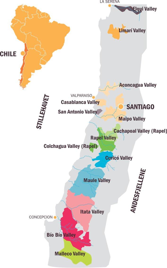 Kart over vinområdene i Chile. Illustrasjon. Foto.