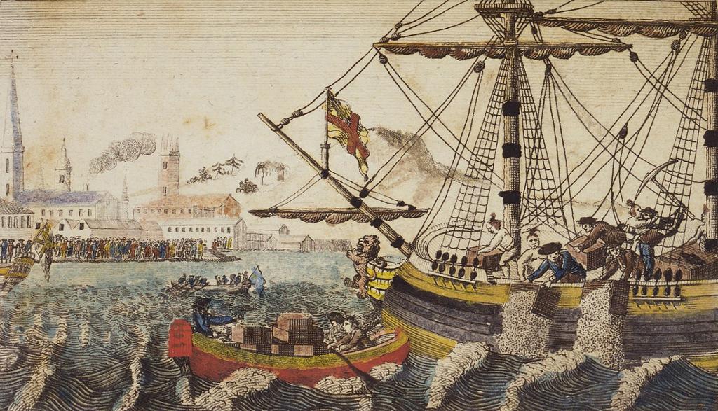 Amerikanske kolonistar forkledde som indianarar kastar store mengder te på sjøen. Kunstverk. 