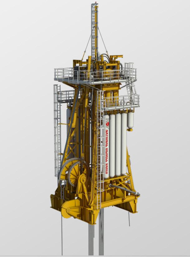 Skissen viser kompenseringsutstyret mot vertikale bevegelser i borestrengen er montert i boretårnet. Illustrasjon.