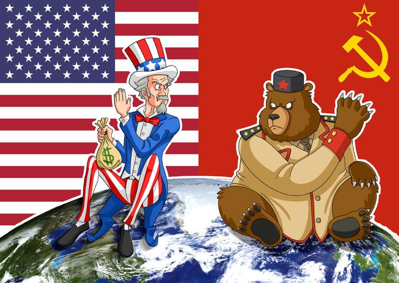 Humoristisk syn på kampen mellom USA og Sovjetunionen under den kalde krigen. USA er symbolisert med Uncle Sam med pengesekken i hånden og Sovjetunionen er symbolisert med en uniformert bjørn. Tegning.