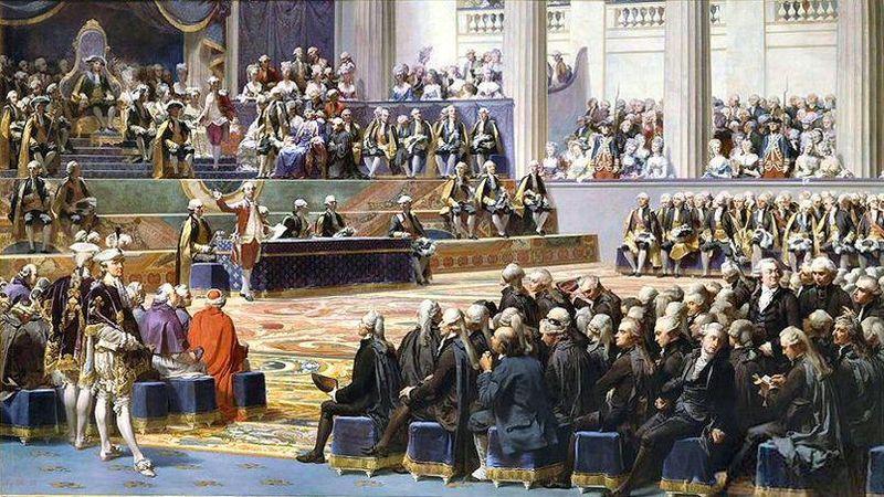 Åpning av den frøste generalforsamlingen i Frankrike i mai 1789. Kong Ludvig den 16. på tronen øverst. Maleri.