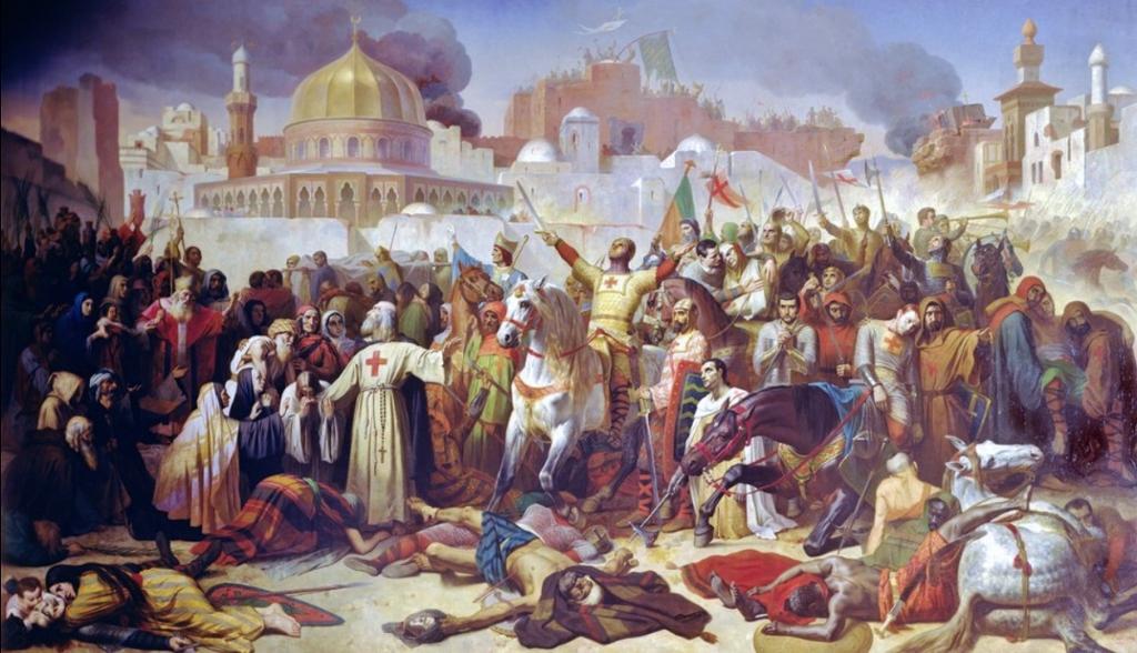 Erobringen av Jerusalem av korsfarere i 1099. Noen er til hest, mens andre ligger på bakken. Mange holder sverd og har store, røde kors på brystet. Oljemaleri. 