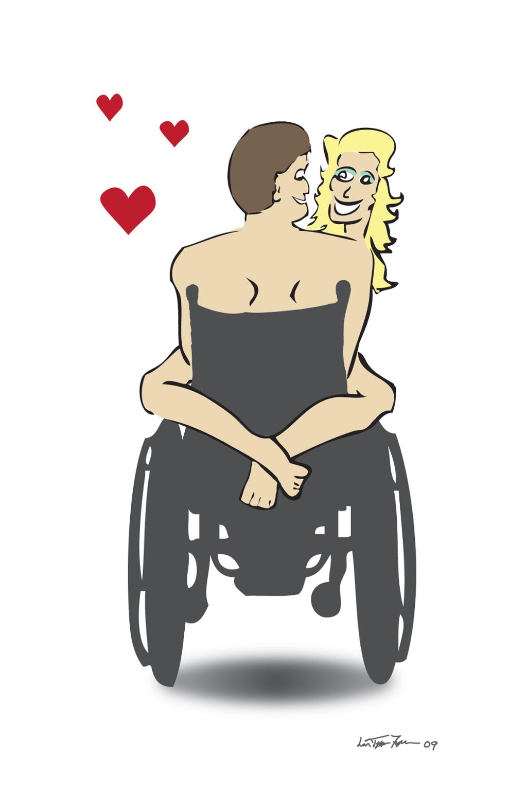 Sett bakfra: naken mann i rullestol omfavnes av naken kvinne. Illustrasjon.
