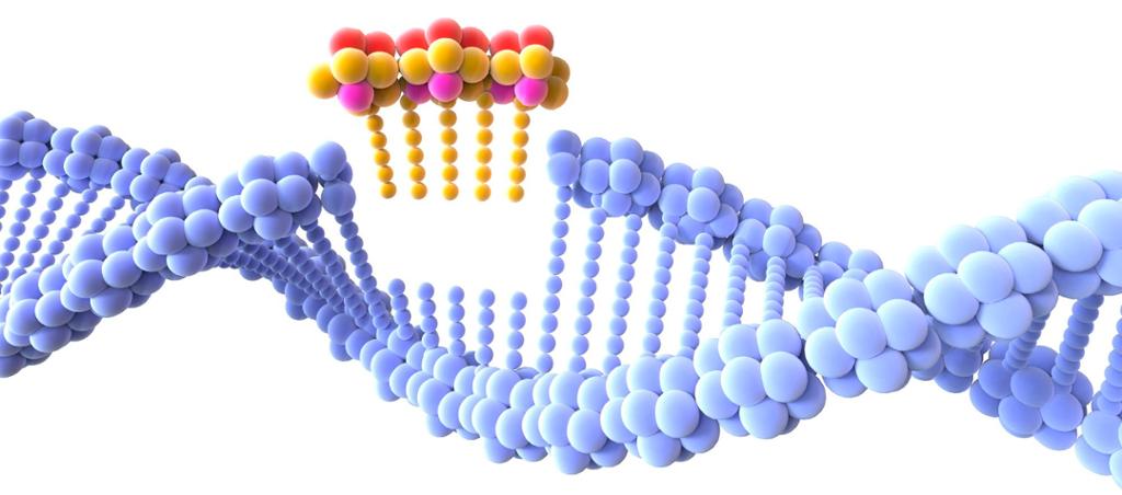 Del av DNA-streng der ein bit blir bytt ut. Illustrasjon.