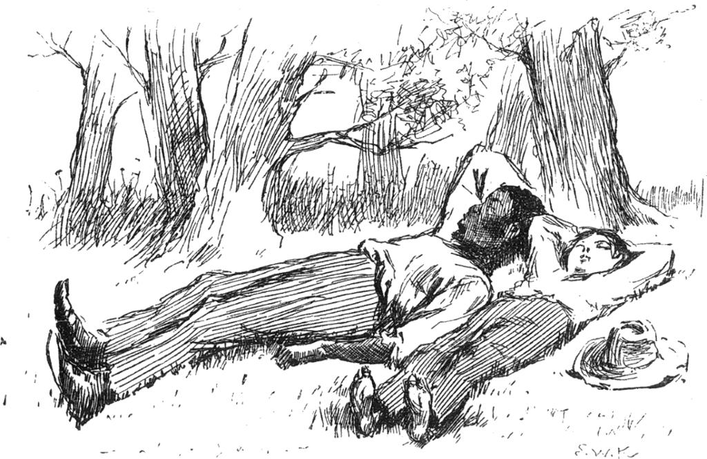 Drawing: A black man and a white boy lie side by side under some trees. There is a straw hat next to the boy. 