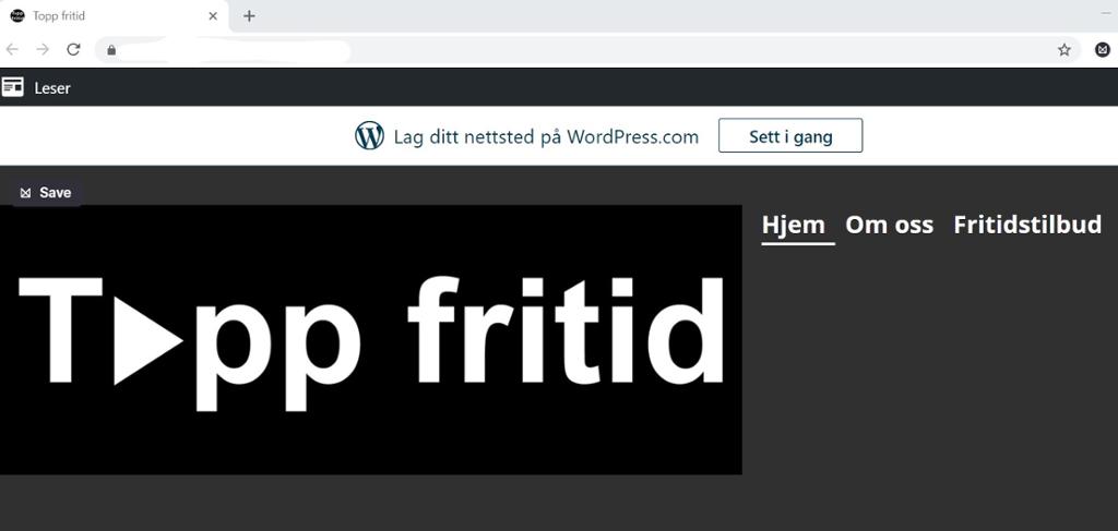 Nettside med tittelen «Fritidstilbud i Topp kommune» og en stor svart logo med hvite bokstaver og teksten «Toppfritid.no». Ved siden av logoen er det knapper der det står «Hjem», «Om oss» og «Fritidstilbud». Skjermbilde.