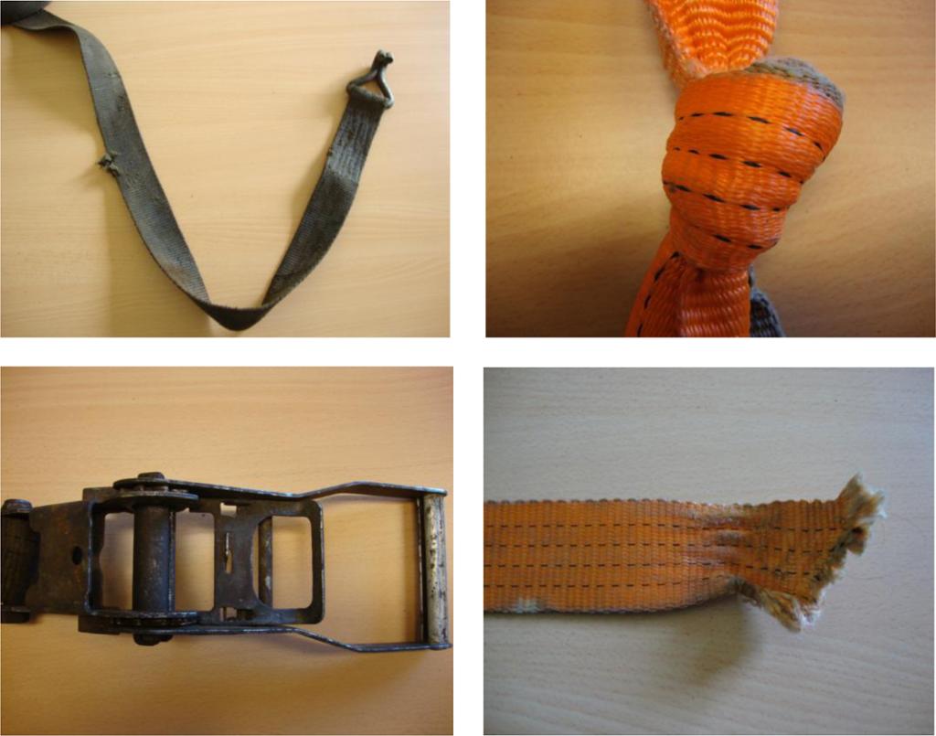 Fire eksempler på surrebånd med diverse skader, blant annet kutt, knute og rustet strammer. Foto.
