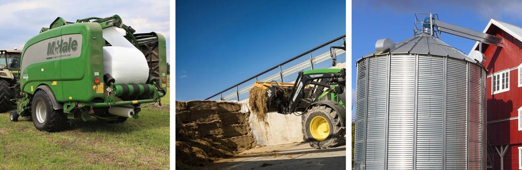 Kollasj av traktor som kjørere ei kombipresse på et jorde, traktor med frontredskap er i ferd med å ta ut surfôr fra en plansilo og driftsbygning med stående silo i metall. Fotokollasj.