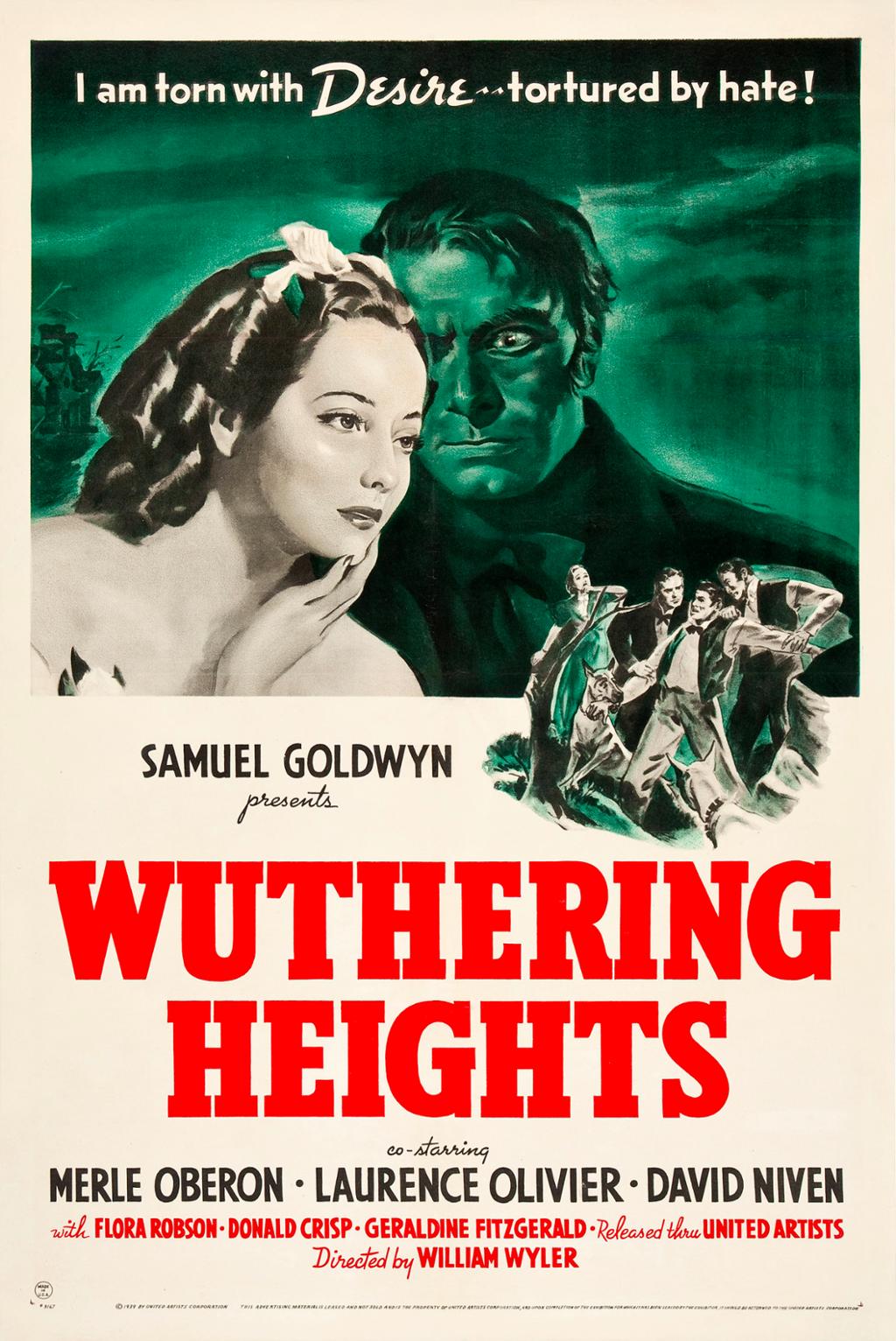 Movie Poster: Tag line "I am torn with desire, tortured by hate". There is a drawing of a man coloured in green, staring at a woman who has been coloured in white, in the corner is a smaller picture of what appears to be a fight, one man is restrained by other men. 