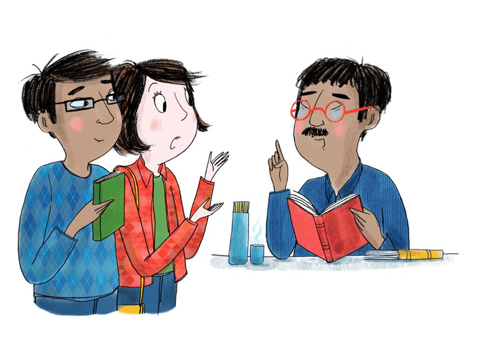Ein asiatisk lærar snakkar med to studentar. Illustrasjon.