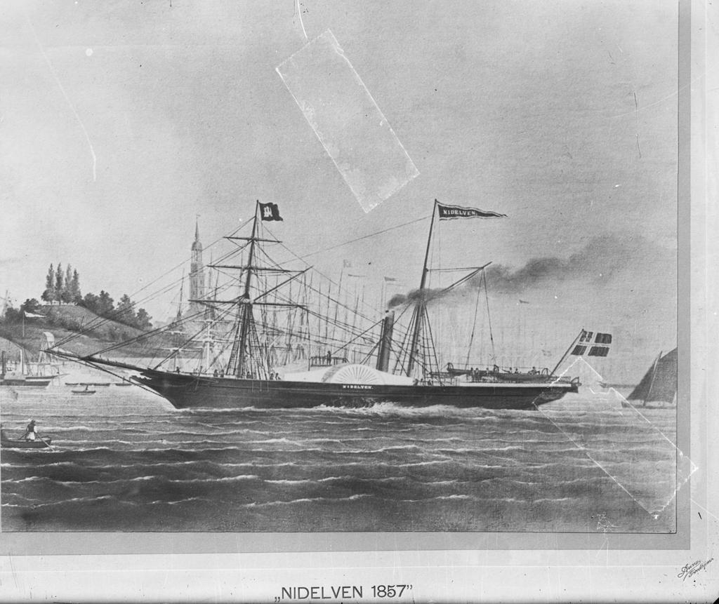 Dampskipet Nidelven. En hjuldamper med seilmaster og flagget "Sildesalaten". Tegning fra 1857.