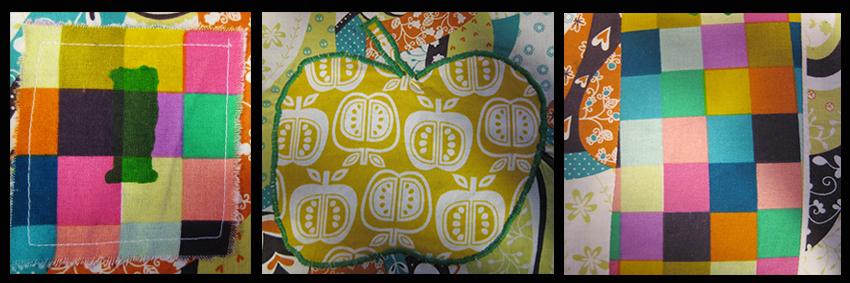 Tre bilder av ulike dekorteknikker på tekstil. Foto.