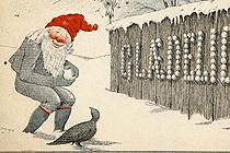 En nisse i snøen snakker til en kråke. Illustrasjon.