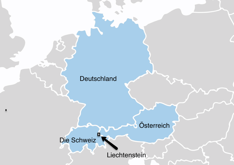 Kart som viser de fire tysktalende landa Tyskland, Østerrike, Sveits og Liechtenstein. Grafikk.