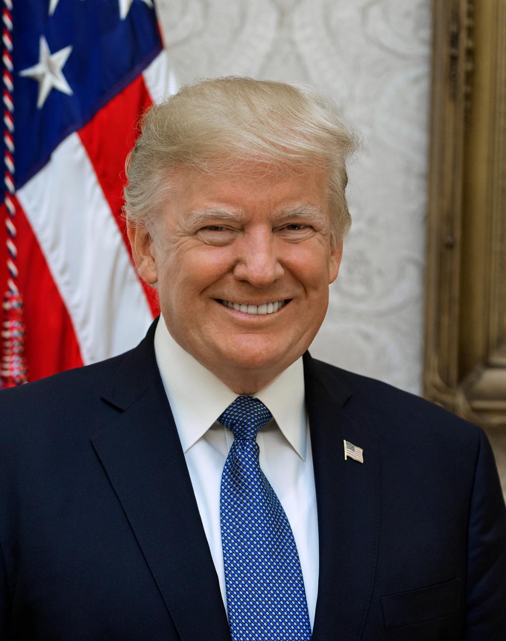 Photo: Portrait of President Donald Trump. He is wearing a blue suit, and a blue tie. He wears a flag pin. There is a flag behind him. 