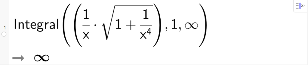 Beregning av overflaten av Torricellis trompet i CAS, ei linje. Det står Integral parentes parentes 1 delt på x ganger kvadratrot 1 pluss 1 delt på x opphøyd i fjerde kvadratrot slutt parentes slutt komma 1 komma uendelig parentes slutt. Resultatet blir uendelig. Skjermutklipp. 