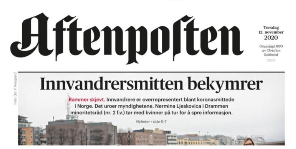 Oppslag i Aftenposten 12. november 2020 med tittelen "Innvandrersmitten bekymrer". I bakgrunnen er det bilete av bustadblokkar. Faksimile.